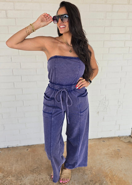 No Exposure Navy Strapless Jumpsuit