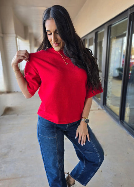 Knocking At My Door Short Sleeve Oversized Red Sweater