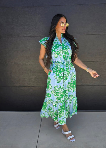 Social Setting Blue & Green Floral Maxi Dress