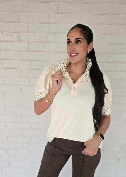 New Goals Cream Polka Dot Collared Top