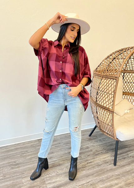 Checked In Burgundy Button Up Oversized Top