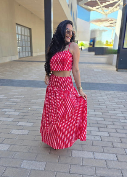 Rendezvous Red & White Polka 2 Pc Top & Midi Skirt Set