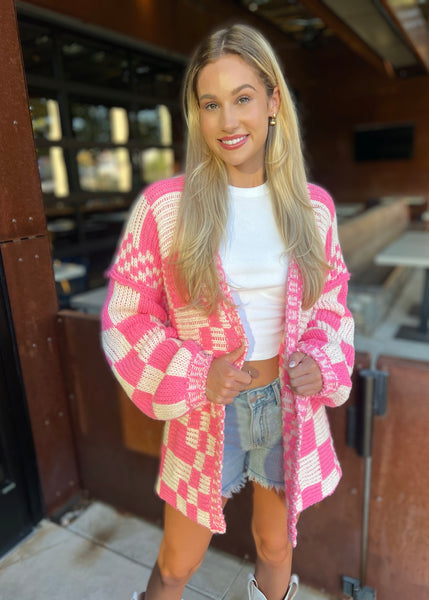 Just Go With It Pink Checked Pattern Loose Fit Chunky Cardigan