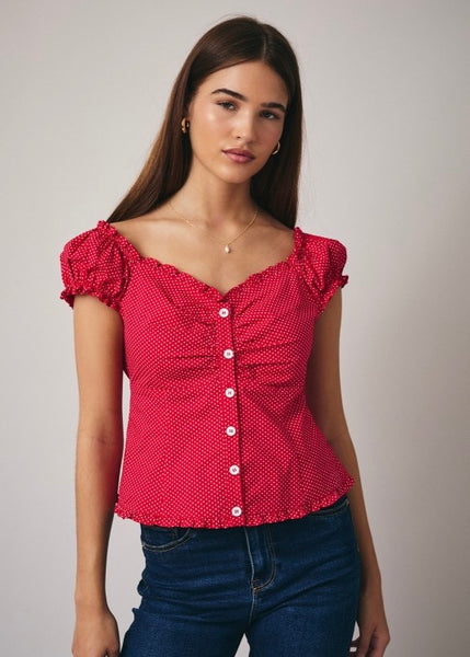 Polka Dot Fun Red Button Up Top