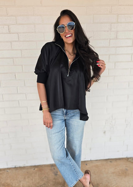 Play It Again Black Half Zip Flowy Blouse