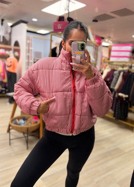 From The Stands Red & White Gingham Puffer Jacket