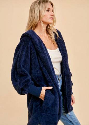 You're The One That I Want Hooded Faux Fur Navy Blue Hooded Jacket