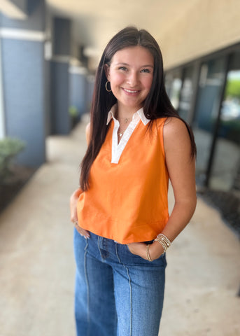 Tailgating Time Sleeveless V Neck Orange/White Poplin Top