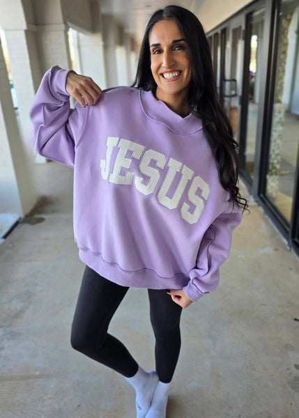 "Jesus" Lavender Oversized Graphic Mock Neck Sweatshirt