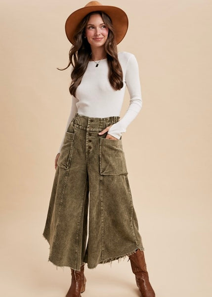 Seasonal Olive Corduroy Fray Hem Pants
