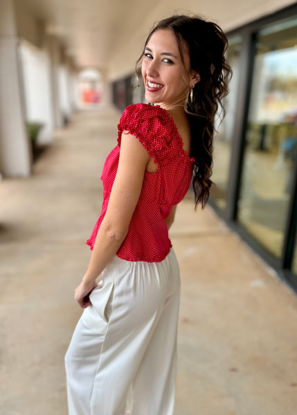 Polka Dot Fun Red Button Up Top