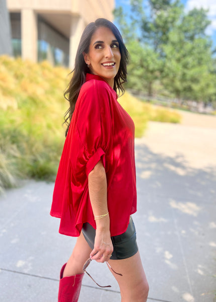 Embraceable You Oversized Red Satin Shirt