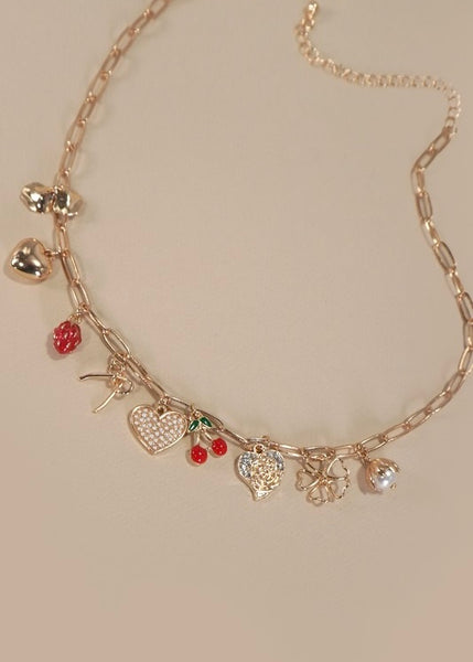 Multi Charm Bow Cherry Heart Necklace