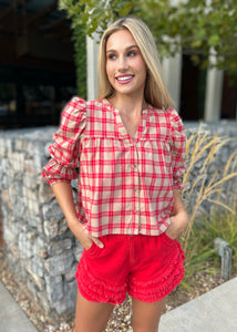 Never Stranded Checkered Button Down Shirt - Tan/Red