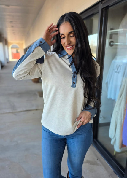 On The Go Denim Color Block Sweatshirt Top