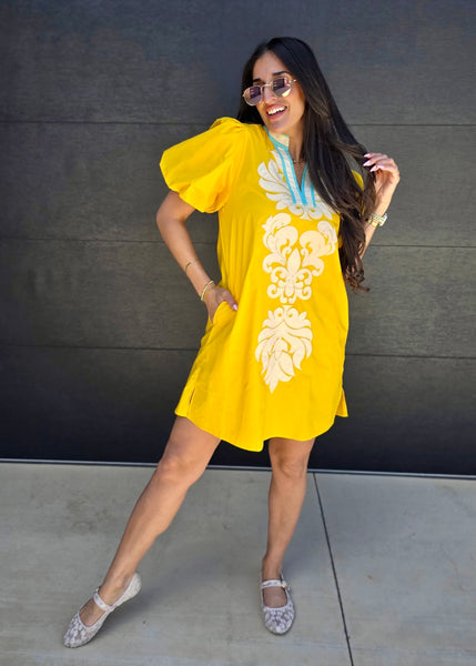 Out To Brunch Yellow Puff Sleeve Dress