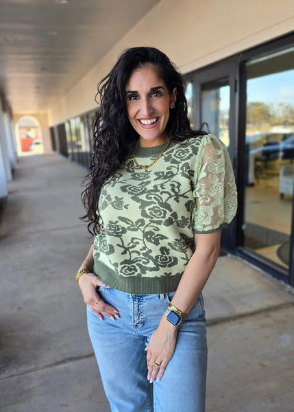 Sweet Sage Floral Lace Puff Sleeve Top
