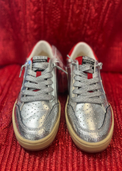 Vintage Havana: Denisse Metallic Washed Silver/ Red Sneakers