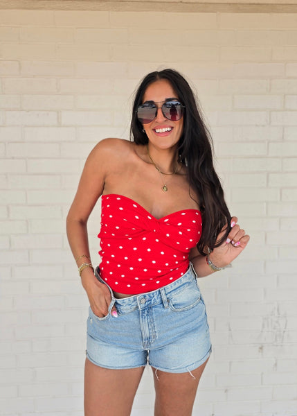 Flattering Lines Red/White Polka Dot Strapless Top