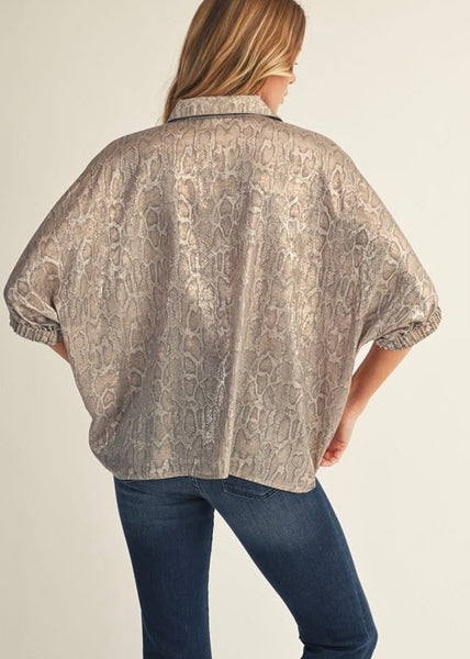 Shining Star Snake Print Shimmer Collared Top