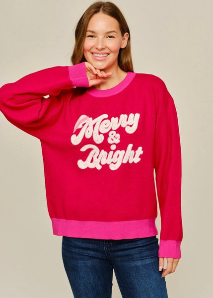 "Merry & Bright" Red/Pink Christmas Sweater
