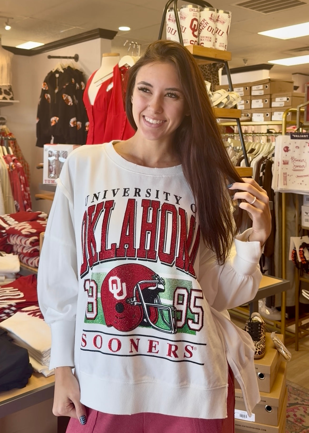 University Of Oklahoma Rhinestone Helmet Stadium Oversized Sweatshirt