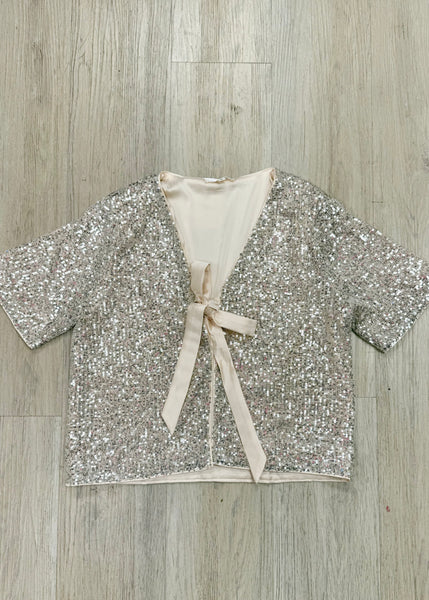 Shine Bright Satin Bow Sequin Top