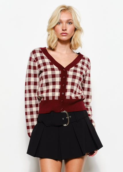 Got It All Burgundy Gingham Cardigan