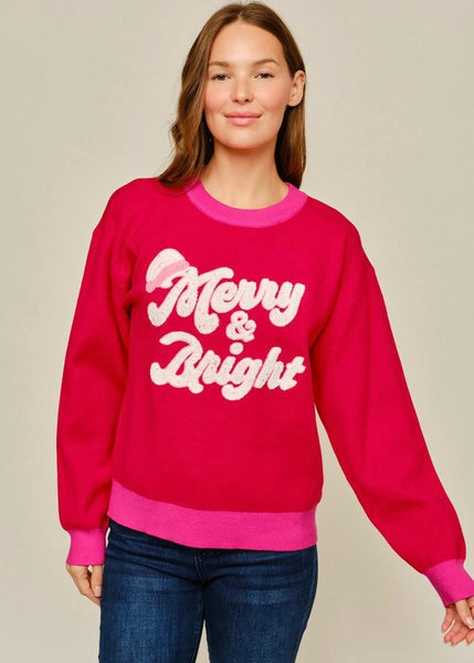 "Merry & Bright" Red/Pink Christmas Sweater