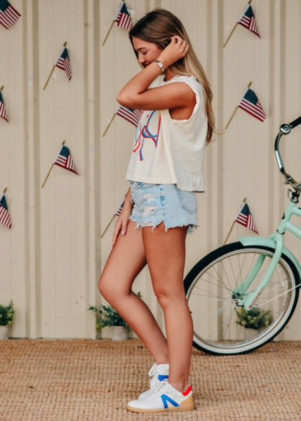 "USA" Script Cream Muscle Tee