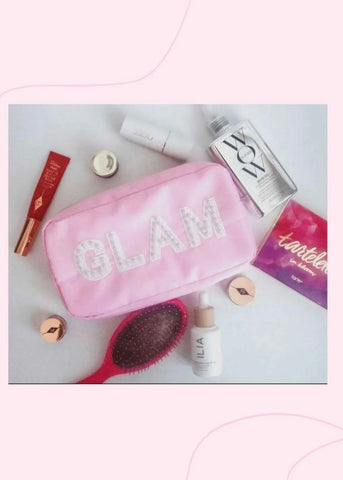 Pink Glam Makeup Bag With Pearl Lettering