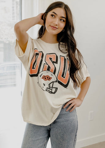 OSU Cowboys Helmet Fade Off White Thrifted Tee