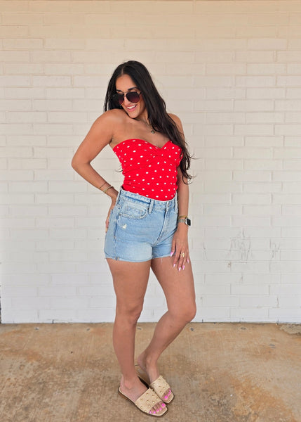 Flattering Lines Red/White Polka Dot Strapless Top