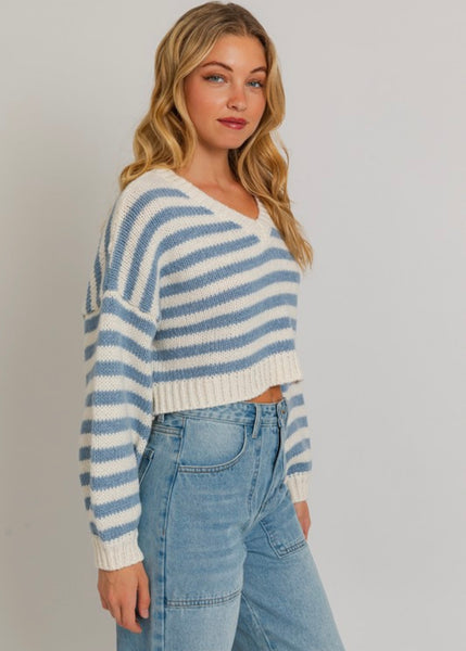 Winter Blues Striped Cropped Sweater