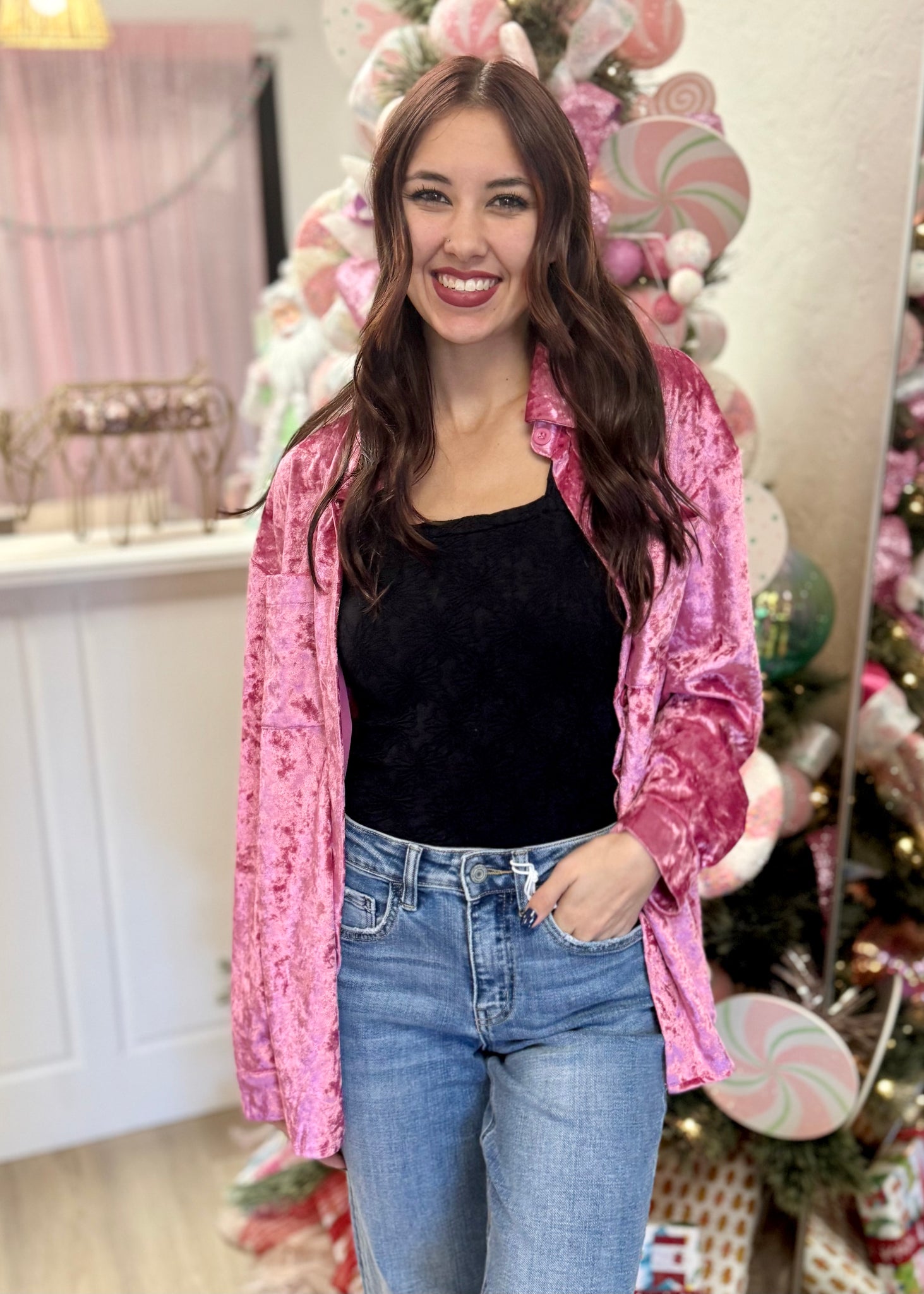 Holiday Velvet Button Up Top - Pink