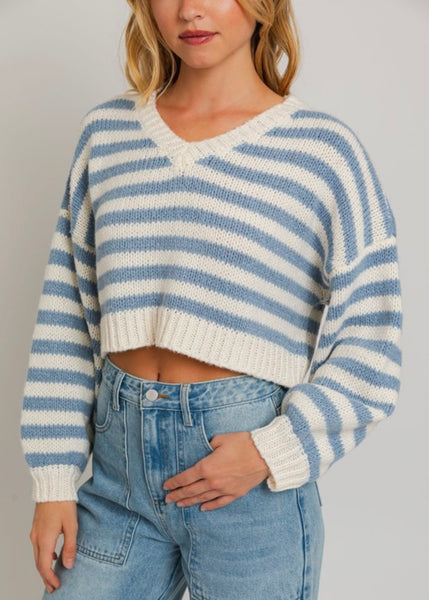 Winter Blues Striped Cropped Sweater