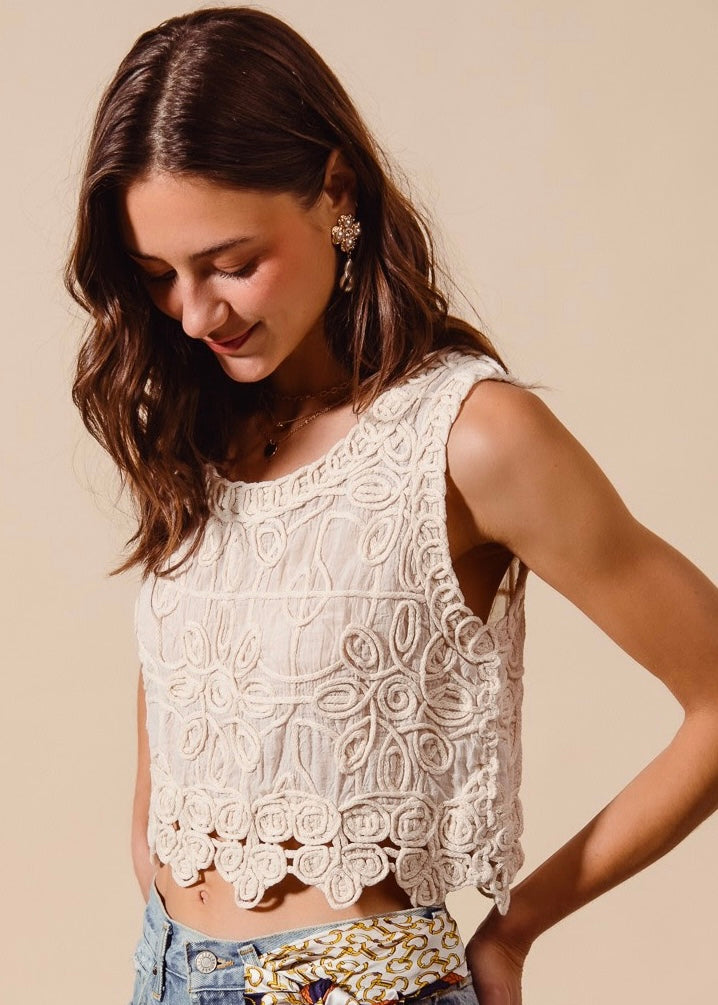 Beach Stroll Natural Embroidered Crop Top