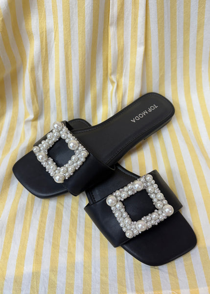 Walking Away Pearl Jewel Square Frame Black Slip On Sandal
