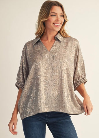 Shining Star Snake Print Shimmer Collared Top