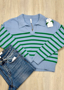 Loose Feelings Stripe Sweater - Sky/Green - LARGE