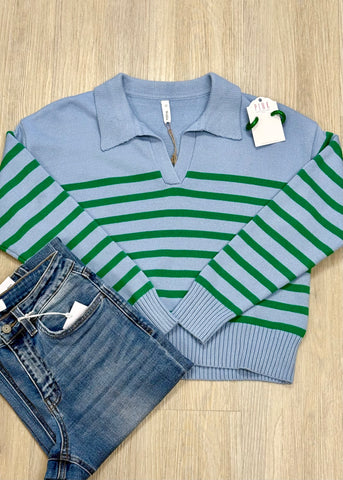 Loose Feelings Stripe Sweater - Sky/Green - LARGE