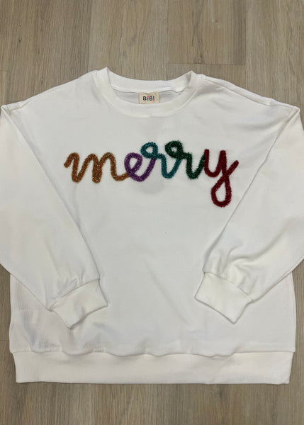 Christmas "Merry" Metallic Tinsel Lettering Ivory Pullover