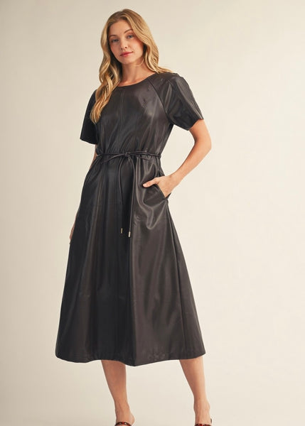 In My Rhythm Black Faux Leather Midi Dress