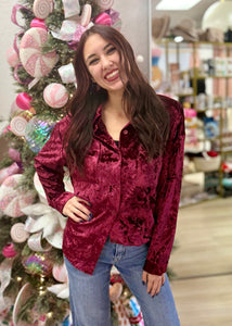 Holiday Velvet Button Up Top - Burgundy