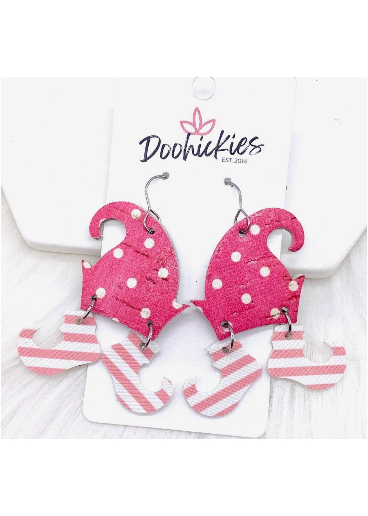 Pink Polka Dot Elf Cork Christmas Earrings