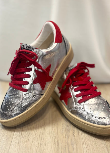 Vintage Havana: Denisse Metallic Washed Silver/ Red Sneakers