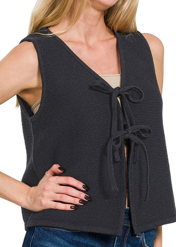 Plan For It Black Front Tie Sweater Vest