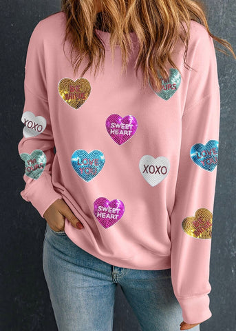 Conversation Sequin Heart Graphic Pink Sweatshirt