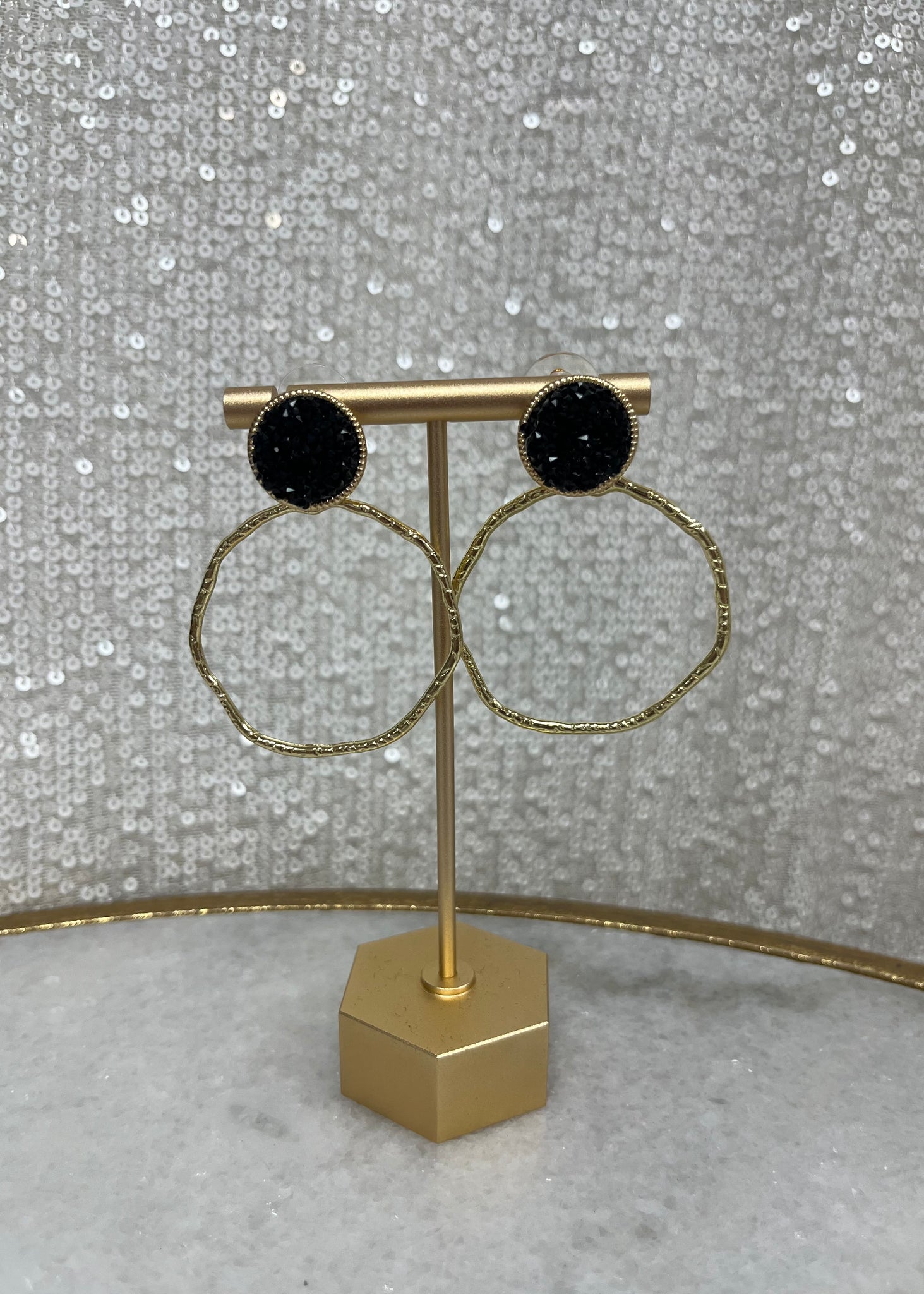 Glitter Top Black Hoop Earrings