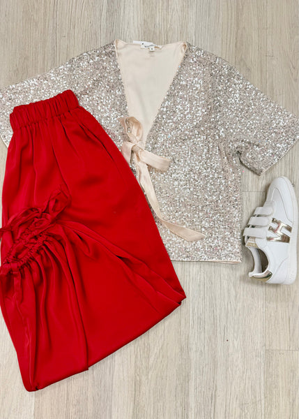 Shine Bright Satin Bow Sequin Top